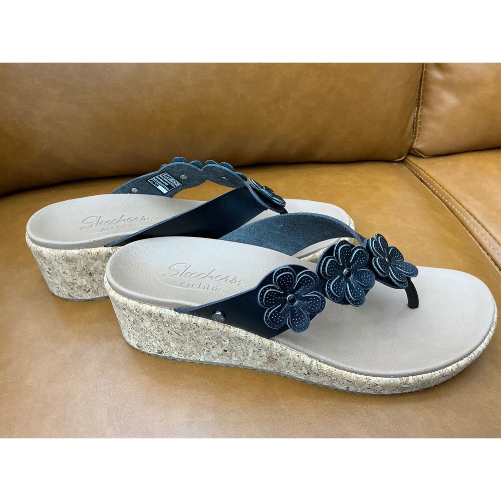 Skechers Arch Fit Wedge Sandals Womens 9 Black Floral Cork